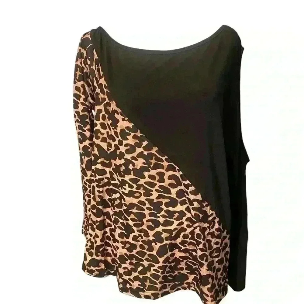 SHEIN Black & Tan Leopard long sleeve cold shoulder top with diagonal design.